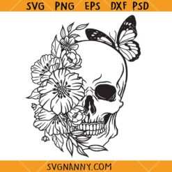 Skull with flowers and butterfly SVG, Floral Skull svg, Skull with Flowers svg, Skeleton Head with Flowers and Butterfly svg