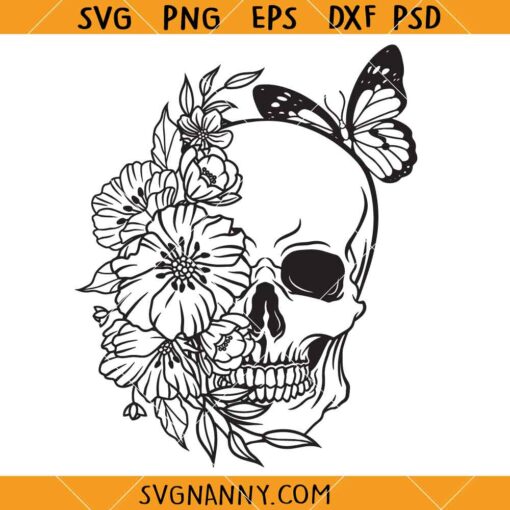 Skull with flowers and butterfly SVG, Floral Skull svg, Skull with Flowers svg, Skeleton Head with Flowers and Butterfly svg