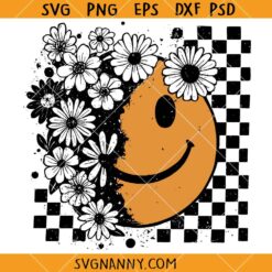 Floral Fall Smiley Face SVG, Checkered Fall Smiley SVG, Daisy Flowers SVG  