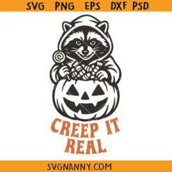 Creep it real Halloween raccoon svg png, Raccoon Halloween svg, Spooky raccoon SVG, Pumpkin raccoon svg