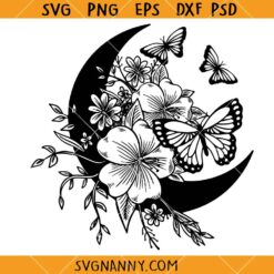 Floral moon butterflies SVG, celestial butterfly on crescent moon svg, butterfly flower svg