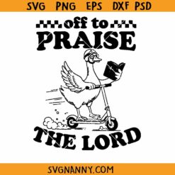 This is an instant download file. You will download a zipped file containing 8 files in the following different file formats: SVG, PNG, EPS, PNG, PSD, PDF, DXF and AI. The files are ideal for scrap booking, cut machines, vinyl decals, stickers, iron-on, invitation cards, engraving among others Download a free SVG here to see the quality of our work. Product Tags# Off to praise the Lord goose SVG, Religious Humor Svg, Funny Christian SVG DOWNLOAD GUIDE: Step 1: Add to cart the files you want to download. Step 2: Click the Checkout Tab and enter your billing details on the checkout page. Ensure you input a correct email address. Your purchased files will also be auto sent to the email. Step 3: Click PayPal to complete payment. You DO NOT need to have a PayPal account; PayPal will give you an option to use your credit or debit card. After payment you will be redirected back to a Download page where you can download the files. Files will also be auto sent to your email. WE INSIST you check your email junk or spam folder; at times the email ends up in those folders. TERMS OF USE: You should not share or sell the files in their digital format. You can however make products, like shirts, mugs, tumblers, and use them for both personal and commercial purposes. SUPPORT: For help on orders and downloaded files send us a message through the contact page HERE. Thanks for shopping with us. Happy Crafting. > HOME PAGE <
