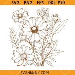 Retro outline wildflower bouquet SVG, Wildflower Bouquet Outline SVG, Wildflower SVG, Floral Svg