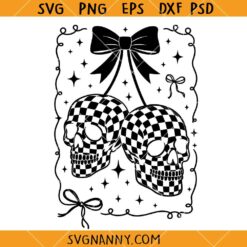 Coquette Checkered Cherry Skull SVG, Checkered Gothic Bow Design SVG, Halloween SVG