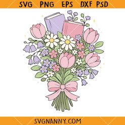 Spring Book Bouquet Svg, Book with Flowers Svg, Reading Svg, Book Worm SVG