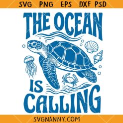 The Ocean is Calling Retro Turtle SVG, Summer Shirt SVG, Beach Life SVG