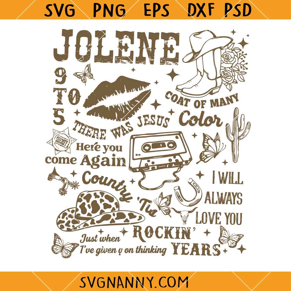Dolly Parton Jolene Playlist SVG, Dolly Svg, Western Shirt Svg, Cowgirl Hat Svg