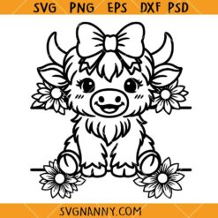 Highland cow with flowers SVG, Cute Heifer SVG, Country SVG, Western Cattle SVG