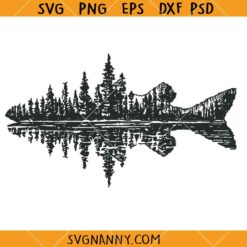 Forest Fish Silhouette With Mountain Lake Reflection SVG, Summer Fishing SVG, Nature SVG
