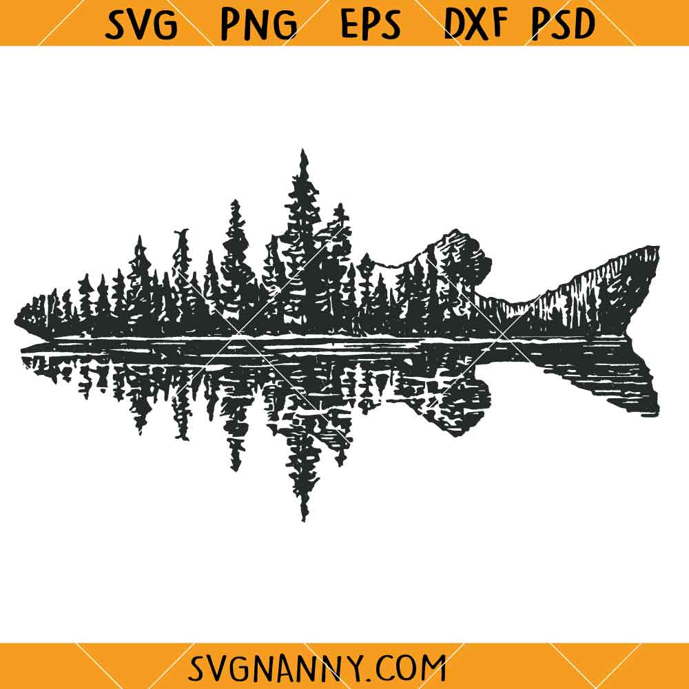 Forest Fish Silhouette With Mountain Lake Reflection SVG, Summer Fishing SVG, Nature SVG
