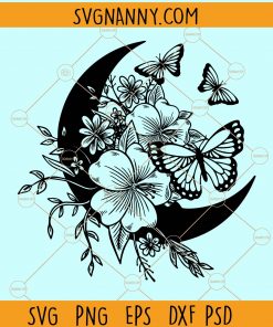 Crescent moon with flowers and butterflies svg