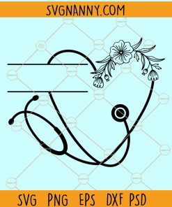 Floral nurse heart stethoscope name frame svg