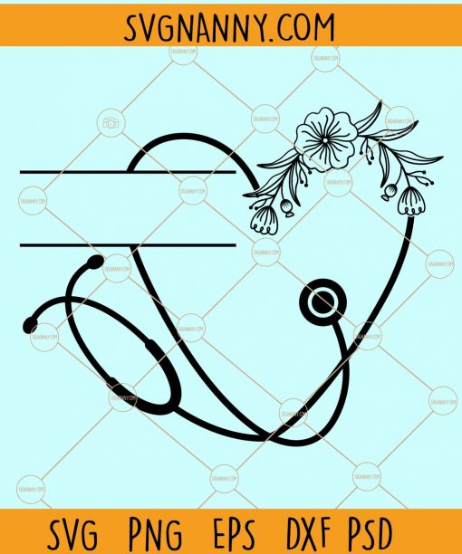 Floral nurse heart stethoscope name frame svg