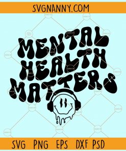 Mental health matters wavy text melting smiley face with headsets svg
