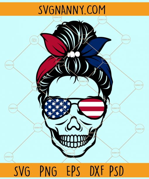 Patriotic messy bun mom skull svg