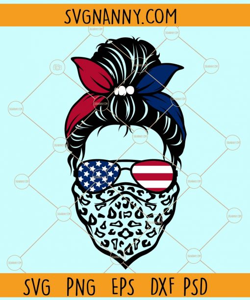 Patriotic messy bun skull with mask svg