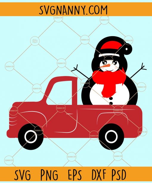 Red Christmas truck with snowman svg