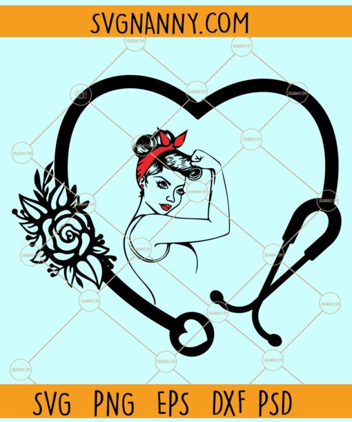 Rosie the riveter floral heart stethoscope svg