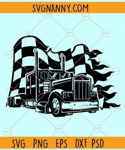 Semi trailer truck with checkered racing flag svg